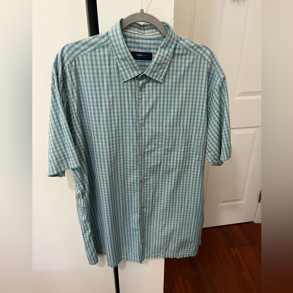 Zegna Sport Men’s Teal and White Checked Short Sleeve Button-Down Shirt